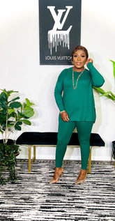 Cuttie Round Neck Long Sleeve 2 Piece Lounge Set (Dark Green)